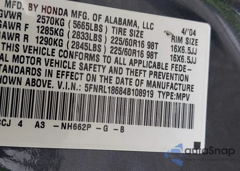 2004 Honda Odyssey Ex from USA, damaged, VIN 5FNRL18684B108919